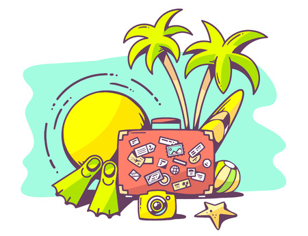 Vector illustration of summer holiday on green background. Hand draw line art design for web, site, advertising, banner, poster, board and print.のイラスト素材