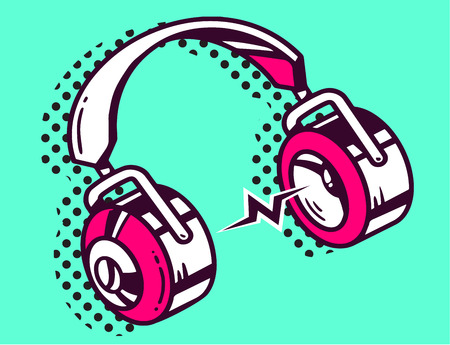 Vector illustration of white and red headphone on green background. Hand draw line art design for web, site, advertising, banner, poster, board and print.のイラスト素材