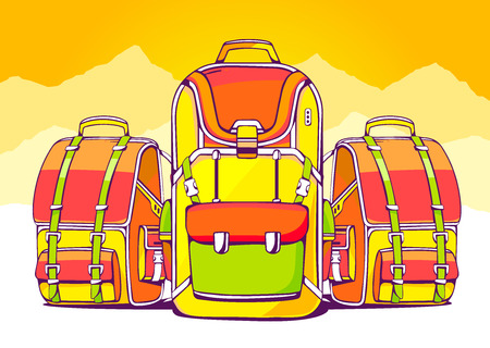 Vector illustration of fashion backpacks on yellow summer background. Hand draw line art design for web, site, advertising, banner, poster, board and print.のイラスト素材