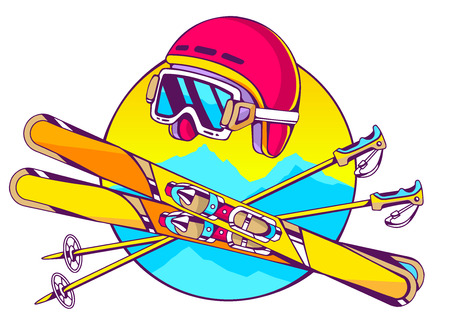 Vector illustration of helmet and skis on white background with blue mountains. Hand draw line art design for web, site, advertising, banner, poster, board and print.のイラスト素材