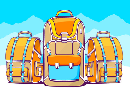 Vector illustration of fashion backpacks on blue winter background. Hand draw line art design for web, site, advertising, banner, poster, board and print.のイラスト素材