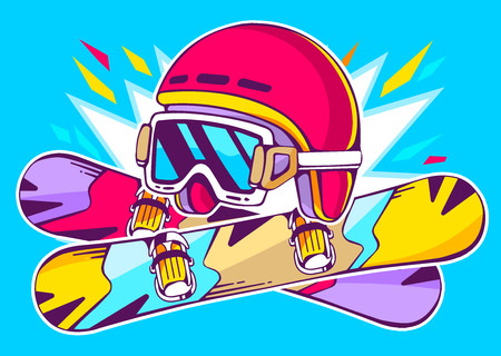 Vector illustration of helmet and snowboards on blue background with bright sparks. Hand draw line art design for web, site, advertising, banner, poster, board and print.のイラスト素材