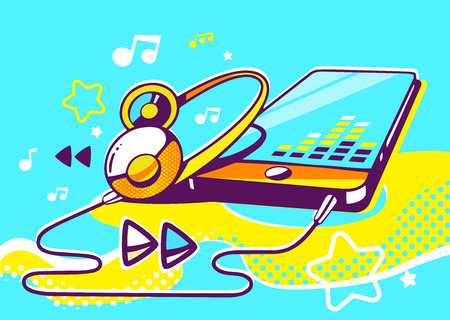 Vector illustration of phone with yellow headphones on a blue background with wave, note and star. Hand draw line art design for web, site, advertising, banner, poster, board and print.のイラスト素材