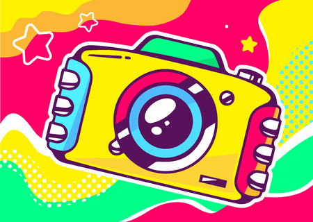 Vector illustration of yellow photo camera on a colored background with waves and stars. Hand draw line art design for web, site, advertising, banner, poster, board and print.のイラスト素材