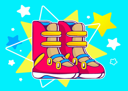 Vector illustration of red boots on blue stars background. Hand draw line art design for web, site, advertising, banner, poster, board and print.のイラスト素材