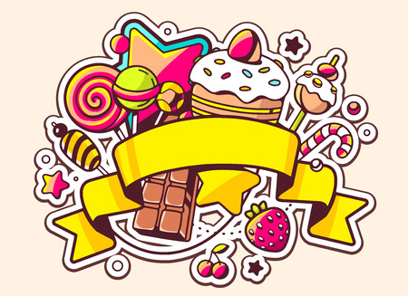 Vector illustration of pile of sweets and ribbon on light background. Hand draw line art design for web, site, advertising, banner, poster, board and print.のイラスト素材