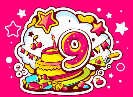 Vector illustration of cake with candle, sweets and flags with number nine on red background with star, cloud and dot. Hand drawn line art design for web, site, advertising, banner, poster, board and print.のイラスト素材