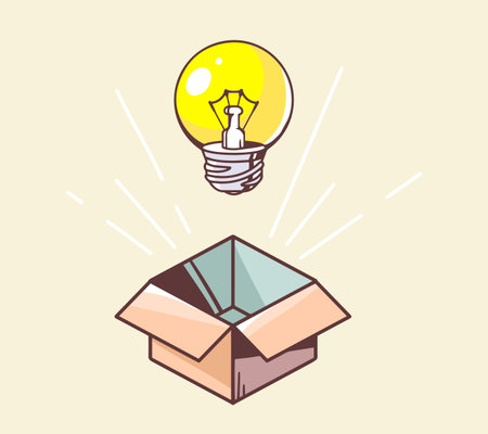 Vector illustration of opened box and yellow lightbulb on color background. Hand draw line art design for web, site, advertising, banner, poster, board and print.のイラスト素材