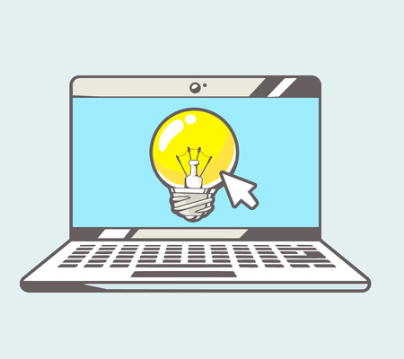 Vector illustration of blue laptop with yellow lightbulb on color background. Hand draw line art design for web, site, advertising, banner, poster, board and print.のイラスト素材