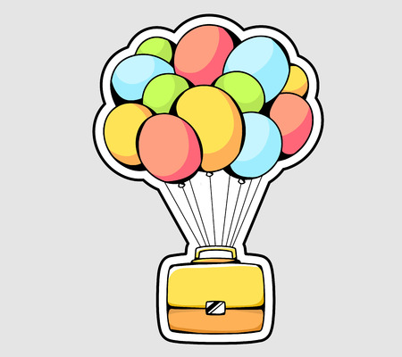 Vector illustration of yellow briefcase flying on color balloons on gray background. Hand draw line art design for web, site, advertising, banner, poster, board and print.のイラスト素材