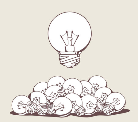 Vector Illustration Of White Big Lightbulb Above Pile Of Small