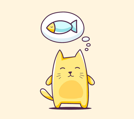illustration of color thinking character cat with bubble on yellow background. Hand draw line art design for web, site, advertising, banner, poster, board, print and card.のイラスト素材