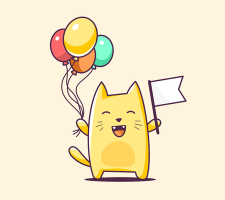illustration of color character cat with flag and balloons on yellow background. Hand draw line art design for web, site, advertising, banner, poster, board, print and card.のイラスト素材