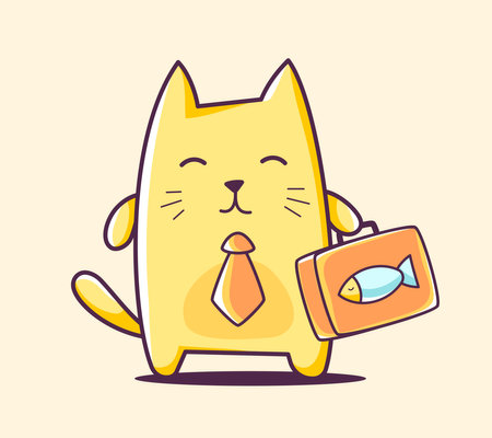 illustration of color business character cat with briefcase on yellow background. Hand draw line art design for web, site, advertising, banner, poster, board, print and card.のイラスト素材