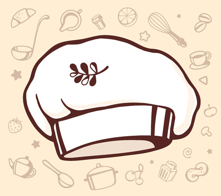 set of contour kitchen icons with big chef cap in the center on yellow background. Hand draw line art design for web, site, advertising, banner, poster, board and print.のイラスト素材
