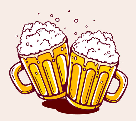 illustration of bright two beer mugs on yellow background. Hand drawn line art design for web, site, advertising, banner, poster, board and print.のイラスト素材