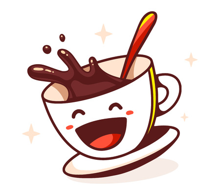 illustration of laughing cup of coffee with spoon on white background. Hand drawn line art design for web, site, advertising, banner, poster, board and print.のイラスト素材