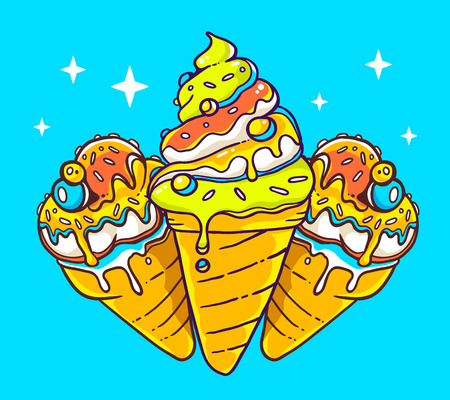 illustration of bright three ice creams on blue background with stars. Hand drawn line art design for web, site, advertising, banner, poster, board and print.のイラスト素材
