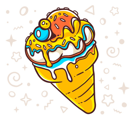 illustration of bright tasty ice cream on white background with stars. Hand drawn line art design for web, site, advertising, banner, poster, board and print.のイラスト素材