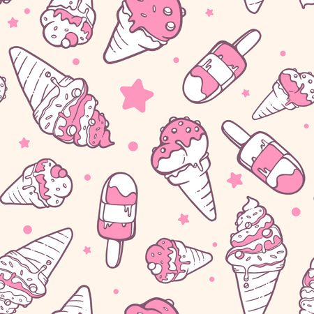 illustration of retro color pattern of pink ice creams on yellow background with stars and dots. Hand drawn line art design for web, site, advertising, banner, poster, board and print.のイラスト素材