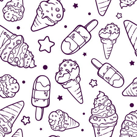 illustration of black and white color pattern of different ice creams on white background with stars and dots. Hand drawn line art design for web, site, advertising, banner, poster, board and print.のイラスト素材