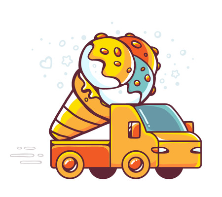 colorful illustration of red car takes great yellow ice cream on white background. Hand drawn line art design for web, site, advertising, banner, poster, board and print.のイラスト素材