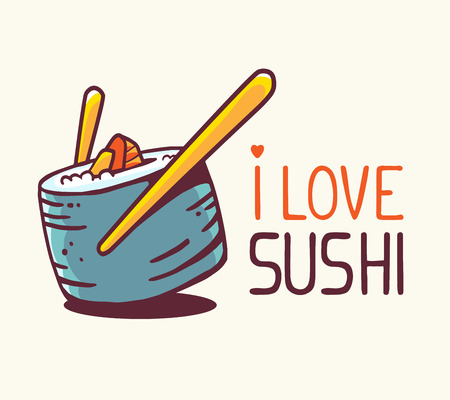 illustration of great blue green sushi with title i love sushi on white background. Hand drawn line art design for web, site, advertising, banner, poster, board and print.のイラスト素材