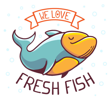 illustration of great blue green fish with title we love fresh fish on white background with bubbles. Hand drawn line art design for web, site, advertising, banner, poster, board and print.のイラスト素材