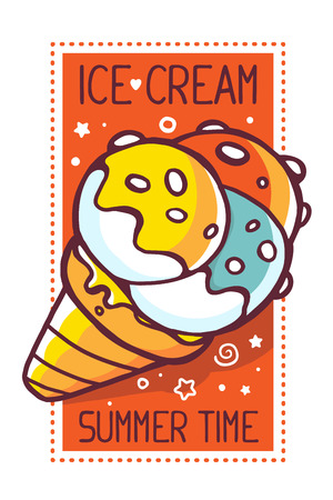 illustration of great yellow ice cream with title ice cream summer time on white background with red frame. Hand drawn line art design for web, site, advertising, banner, poster, board and print.のイラスト素材