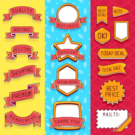 set of ribbons and frames with inscriptions on red, yellow and blue background. Hand draw line art design for web, site, advertising, banner, poster, board and print.のイラスト素材