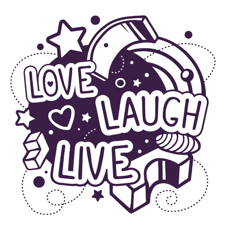Vector illustration of black and white love laugh live quote on abstract background. Hand draw line art design for web, site, advertising, banner, poster, board and print.のイラスト素材