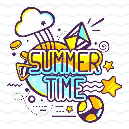 Vector illustration of yellow and blue color summer time quote on abstract background. Hand draw line art design for web, site, advertising, banner, poster, board and print.のイラスト素材