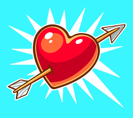 Vector illustration of bright red heart pierced by an arrow on blue background. Hand draw line art design for web, site, advertising, banner, poster, board and print.のイラスト素材
