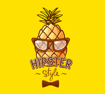 Vector illustration of colorful hipster pineapple with glasses and bow tie on yellow background. Hand draw line art design for web, site, advertising, banner, poster, board and print.のイラスト素材