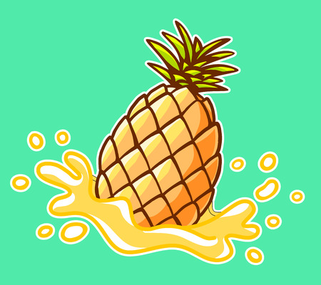 Vector illustration of colorful yellow pineapple with splash on green background. Hand draw line art design for web, site, advertising, banner, poster, board and print.のイラスト素材