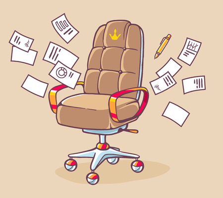 Vector illustration of brown office armchair of the head with lot documents on light background. Hand draw line art design for web, site, advertising, banner, poster, board and print.のイラスト素材