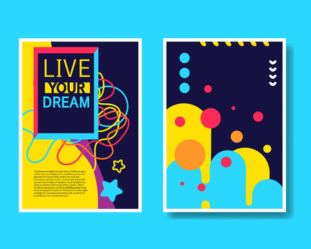 Vector Colorful Design Abstract Modern Style Template Collection for Banner, Flyer, Placard, Brochure and Poster on Blue Background. Front ad Back Side.のイラスト素材
