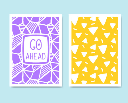Vector Retro Color Design. Hand Drawn Abstract Modern Style Template Collection for Banner, Flyer, Placard, Brochure and Poster on Light Background. Front ad Back Side. Purple and Orange.のイラスト素材