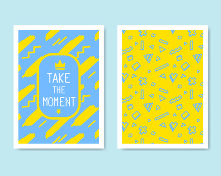 Vector Retro Color Design. Hand Drawn Abstract Modern Style Template Collection for Banner, Flyer, Placard, Brochure and Poster on Light Background. Front ad Back Side. Yellow and Blue.のイラスト素材