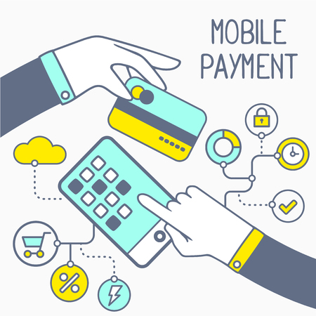 illustration of two hands with bank card and mobile phone with text on light backgroundのイラスト素材