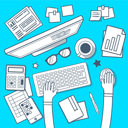 Illustration of modern creative workplace in room on blue backgroundのイラスト素材