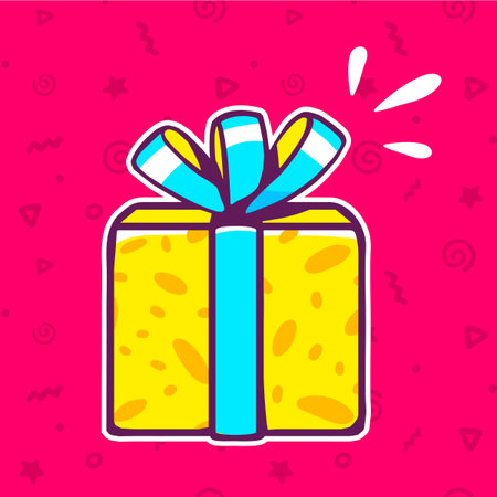 illustration of yellow gift box with blue ribbon on red pattern backgroundのイラスト素材