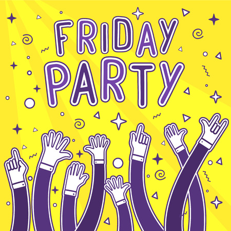 illustration of many hands raised up with hand write text on bright yellow background with starsのイラスト素材