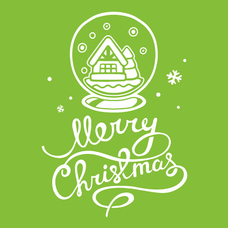 illustration of christmas snow globe and white hand written text on green background with snowflakesのイラスト素材