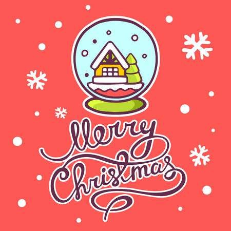 illustration of christmas snow globe and hand written text on red background with snowflakesのイラスト素材