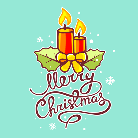 illustration of red christmas candles and hand written text on green background with snowflakesのイラスト素材