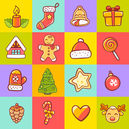 illustration of set of christmas items on colorful backgroundのイラスト素材