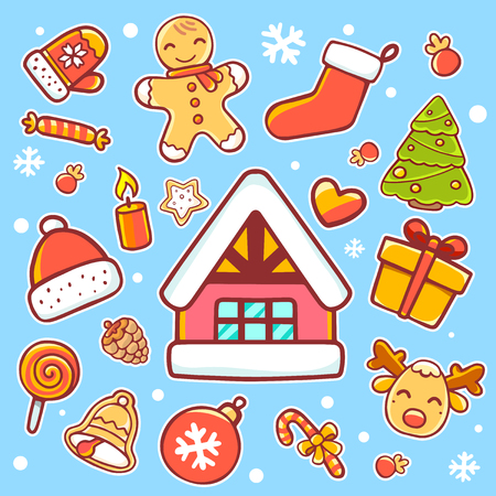illustration of red, green and yellow christmas items on blue background with snowflakesのイラスト素材