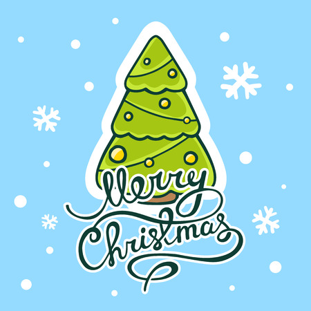 illustration of green christmas tree with hand written text on blue background with snowflakesのイラスト素材
