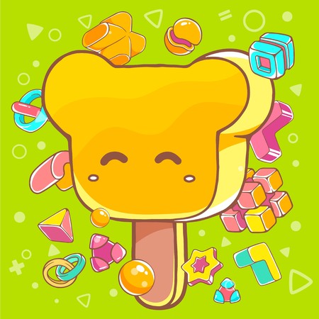 Vector colorful illustration of orange ice cream bear on green background with abstract elements. Hand draw line art design for web, site, advertising, banner, poster, board, brochure and print.のイラスト素材